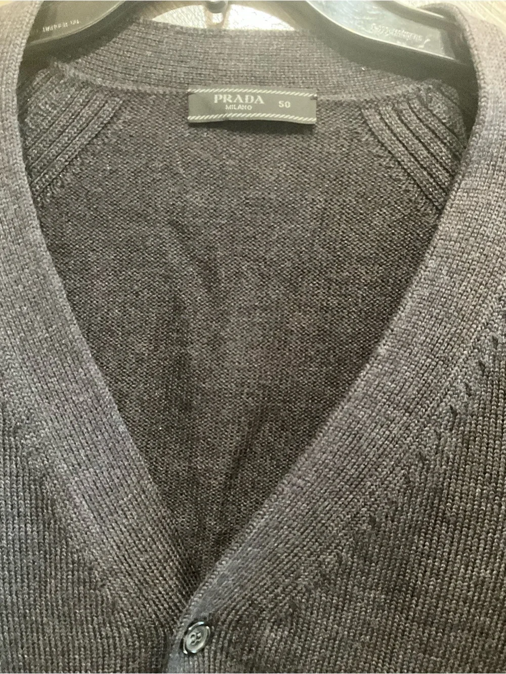 Prada Dark gray Men's V-Neck Button Cardigan with Red Logo Tab